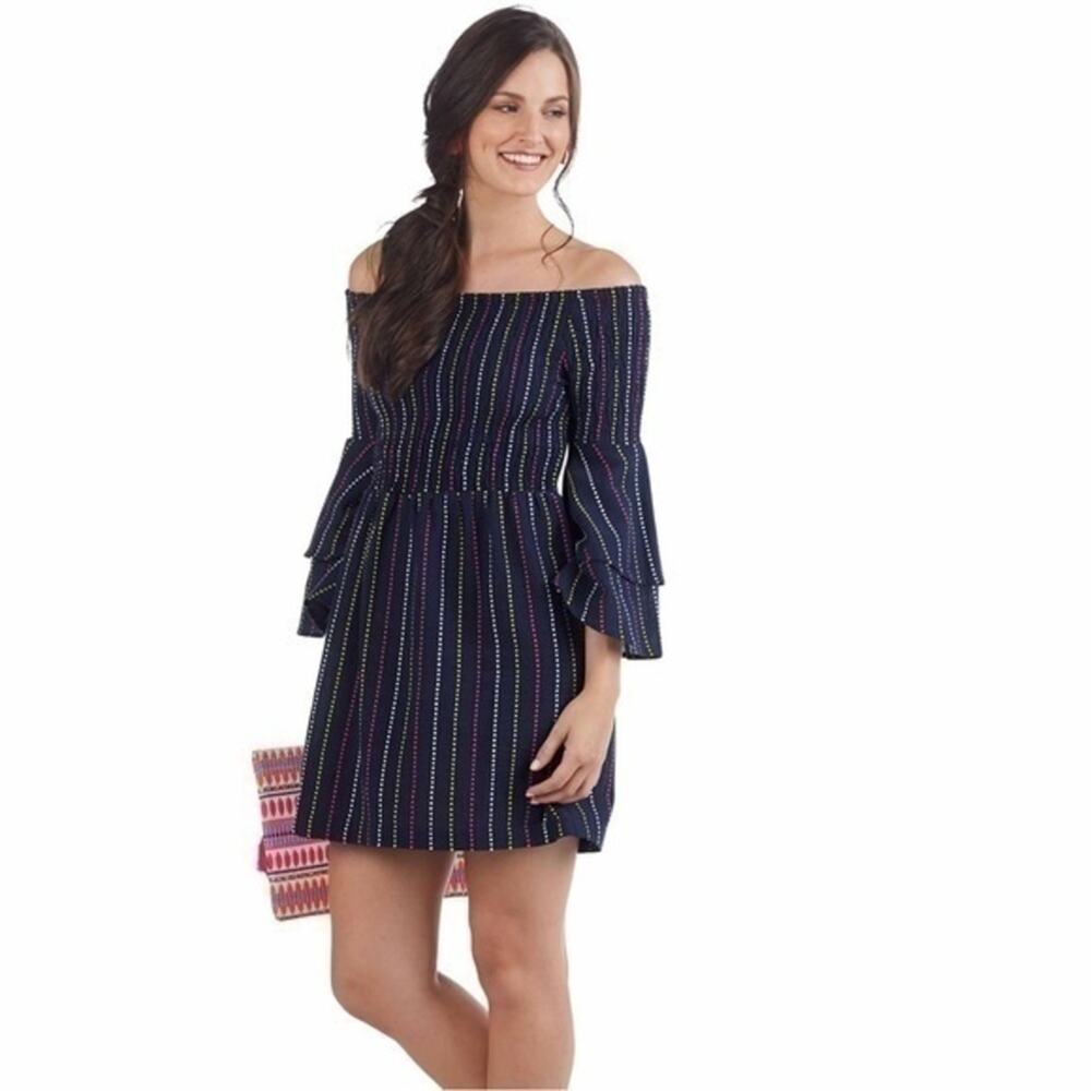 Mud Pie Desi Off the Shoulder mini dress in navy blue multicolor stripe size S